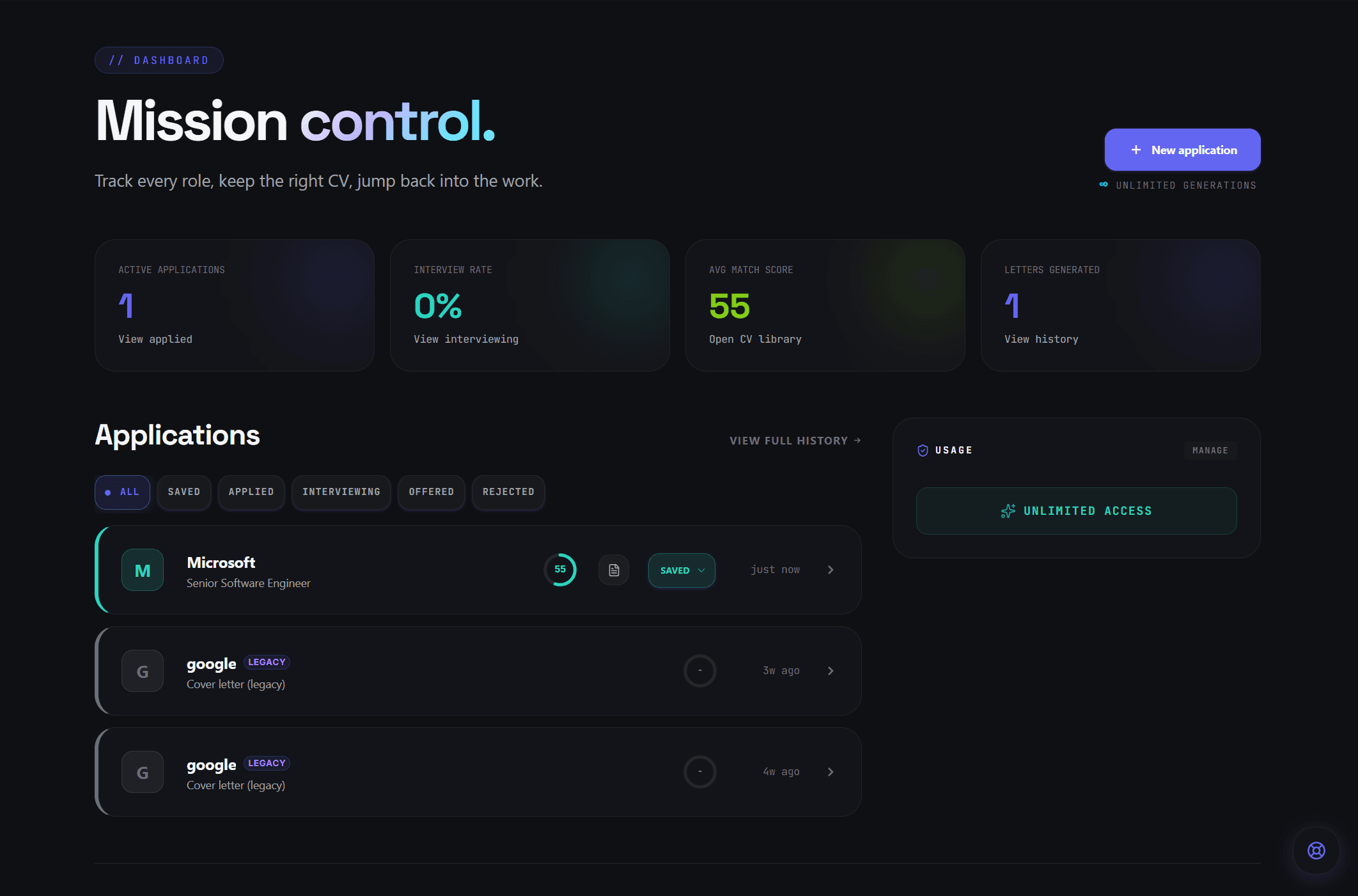 Track every role in one place. dark mode